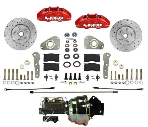 1957-1968 Ford Full-Size Power Front Disc Brake Conversion Kit, MaxGrip Lite 4-Piston, Red Calipers
