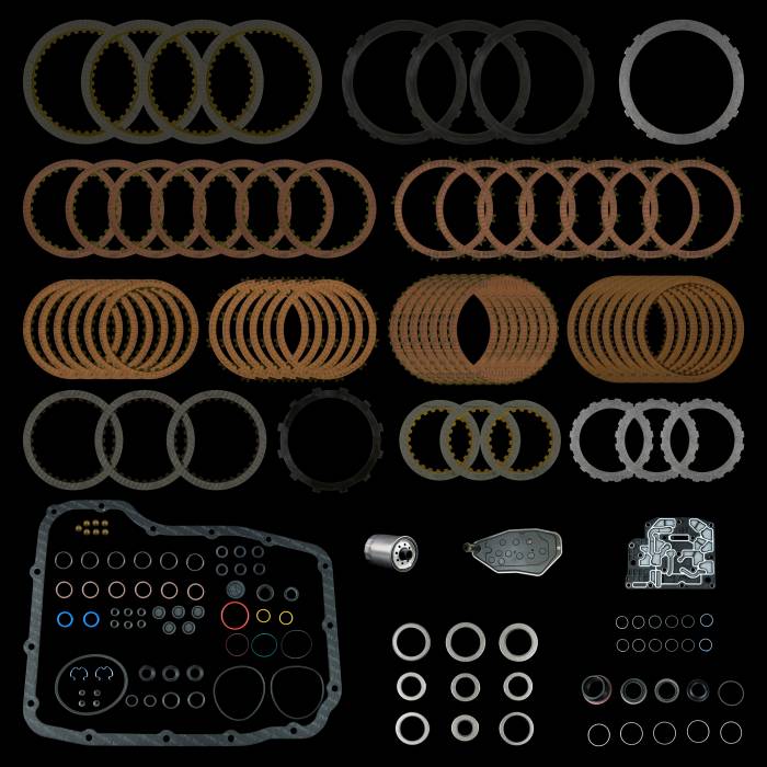 SunCoast Category 0 base rebuild kit — clutches, steels, gaskets and filter laid out